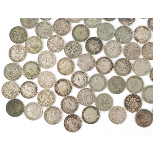 2097 - Silver threepence pieces including Victorian, weight 151.3g