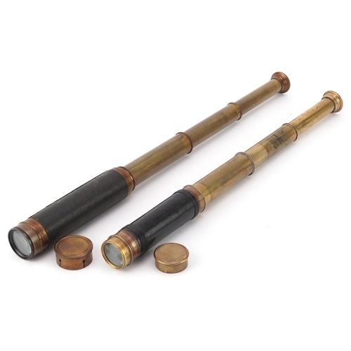 1488 - Two 19th century three draw brass telescopes, each with outer leather grips