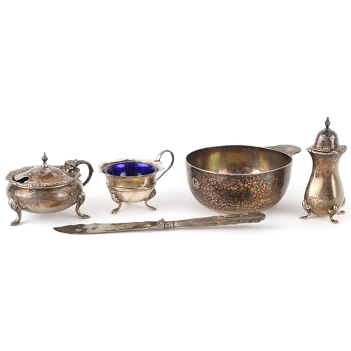 417 - Mixed group of silver and plate including a silver pepper caster by Mappin & Webb, a silver mustard,... 