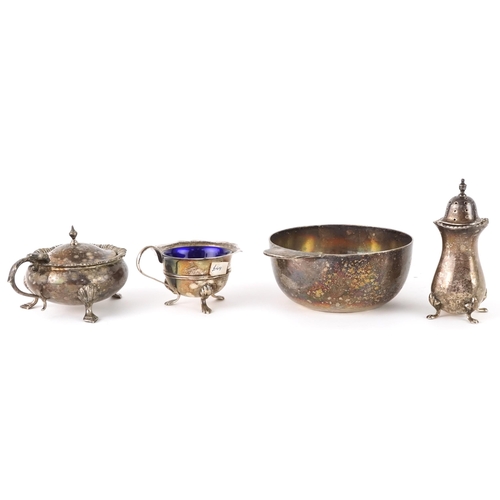 417 - Mixed group of silver and plate including a silver pepper caster by Mappin & Webb, a silver mustard,... 