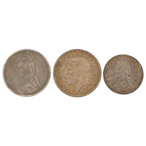 2107 - Queen Victoria 1889 silver crown, George V Rocking Horse crown and Queen Victoria 1887 Jubilee half ... 