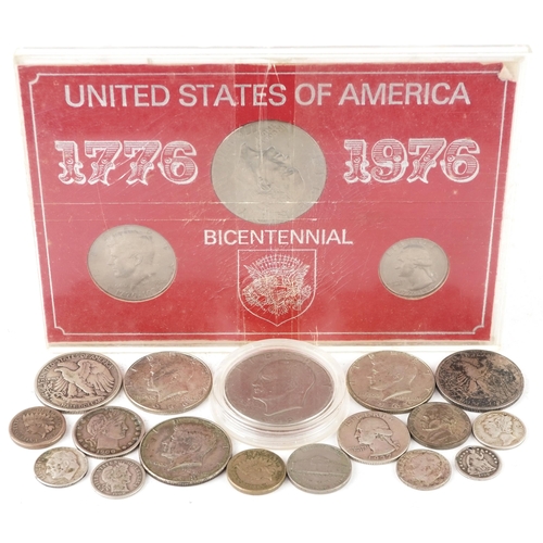 2118 - USA coinage including a bi-centennial 1776-1976 set, silver half dollars and a Liberty 1972 Eisenhow... 