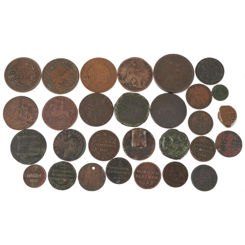 2087 - Antique and later copper and bronze coins and bank tokens including 1806 penny and Irish 1723 half p... 