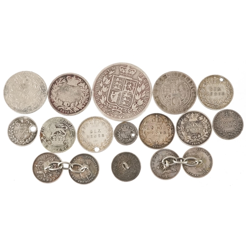 2090 - Victorian and later silver coins and a pair of silver coin cufflinks