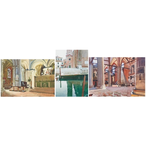 3550 - Rupert Cordeux- San Maria Venice, two church interiors Ramsey Abbey, three watercolours, mounted, fr... 