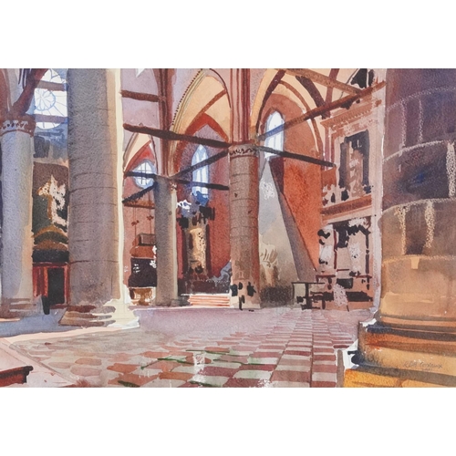 3550 - Rupert Cordeux- San Maria Venice, two church interiors Ramsey Abbey, three watercolours, mounted, fr... 