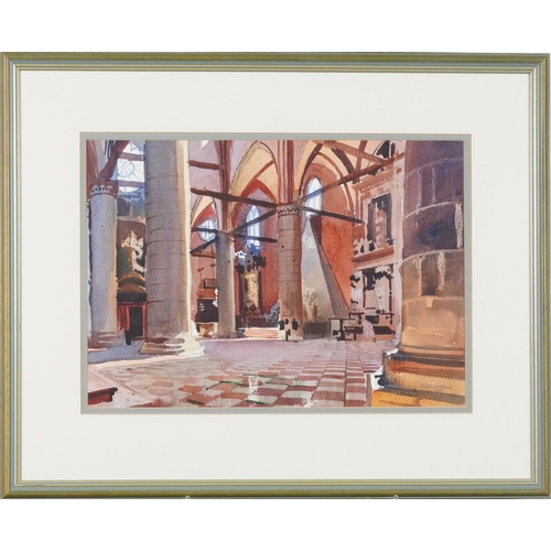 3550 - Rupert Cordeux- San Maria Venice, two church interiors Ramsey Abbey, three watercolours, mounted, fr... 