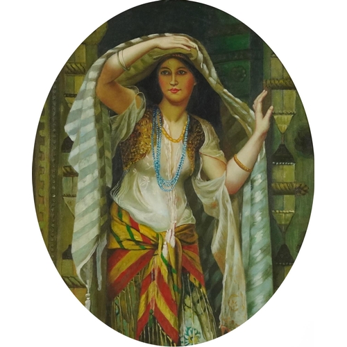 3542 - Lady within a doorway, Modern Indian school oil on canvas in moulded gilt frame, 60cm x 49cm