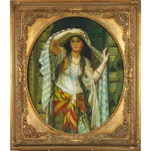 3542 - Lady within a doorway, Modern Indian school oil on canvas in moulded gilt frame, 60cm x 49cm