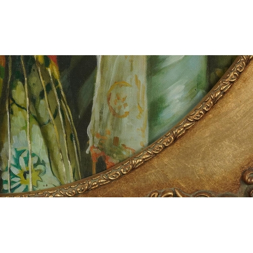 3542 - Lady within a doorway, Modern Indian school oil on canvas in moulded gilt frame, 60cm x 49cm