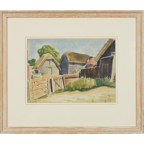 3520 - Guy Seymour Warre Malet (1900-1973) - Farm buildings, mid 20th century watercolour on paper, framed ... 