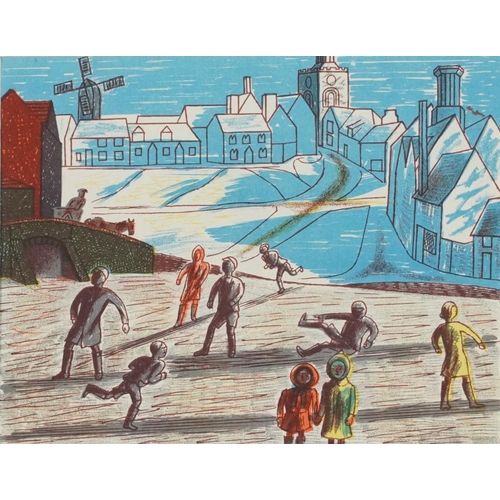 3561 - Edward Bawden - Children skating, mid 20th century lithograph, framed and glazed, 15.5cm x 11.5cm