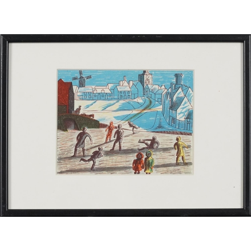 3561 - Edward Bawden - Children skating, mid 20th century lithograph, framed and glazed, 15.5cm x 11.5cm