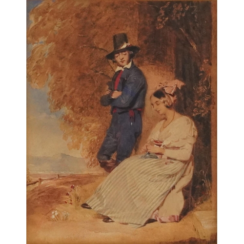 3516 - Courting couple by a tree, mid 19th century Italian school watercolour on paper, indistinctly signed... 