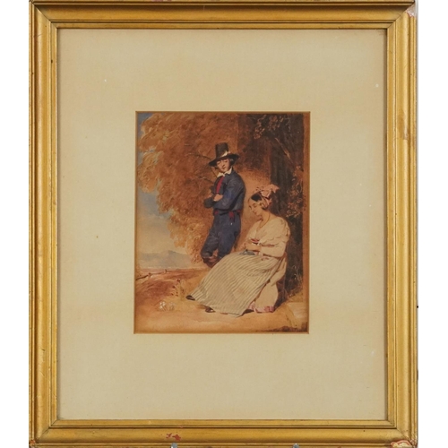 3516 - Courting couple by a tree, mid 19th century Italian school watercolour on paper, indistinctly signed... 