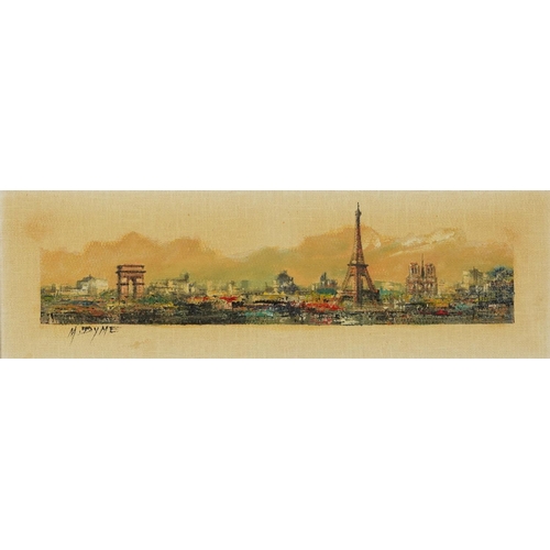 3515 - Paris panorama, late 20th century oil on canvas, indistinctly signed, framed, 59cm x 19cm