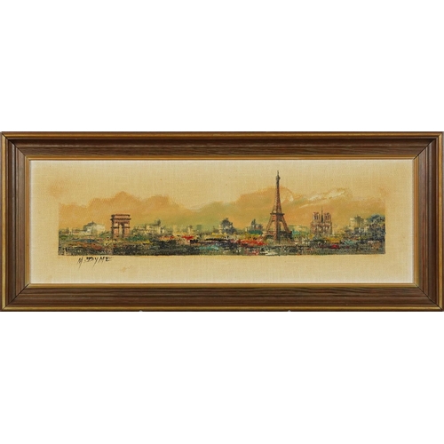 3515 - Paris panorama, late 20th century oil on canvas, indistinctly signed, framed, 59cm x 19cm