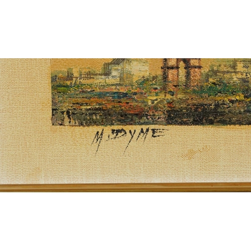 3515 - Paris panorama, late 20th century oil on canvas, indistinctly signed, framed, 59cm x 19cm