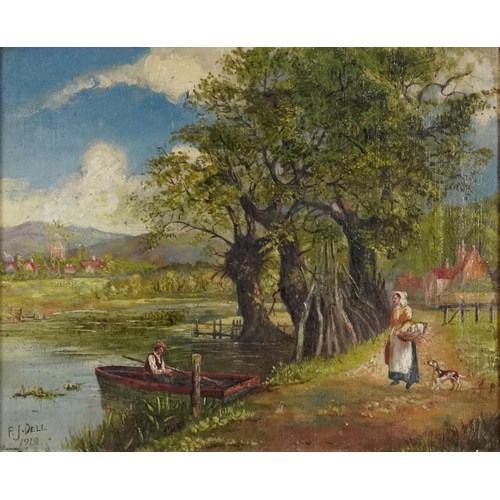 3581 - F.J. Dell - Figures by a river dated 1918, oil on canvas, gilt framed, 29cm x 24cm