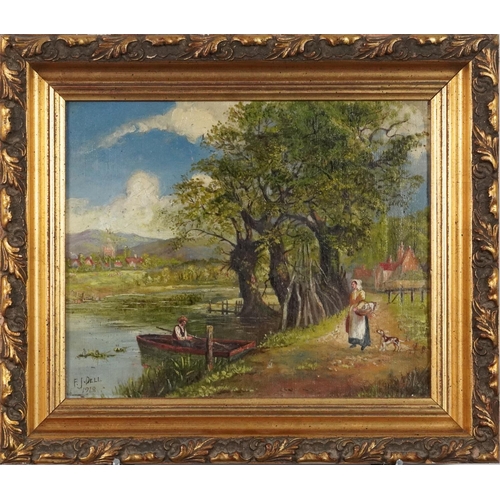 3581 - F.J. Dell - Figures by a river dated 1918, oil on canvas, gilt framed, 29cm x 24cm