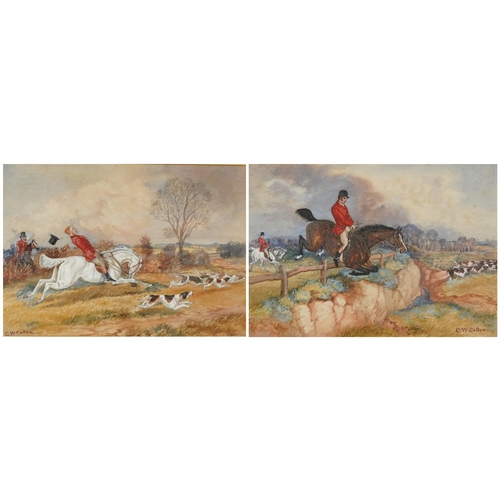 3551 - C. W. Cotton - Pair of hunting scenes, watercolours on paper, each framed and glazed, 38cm x 26cm