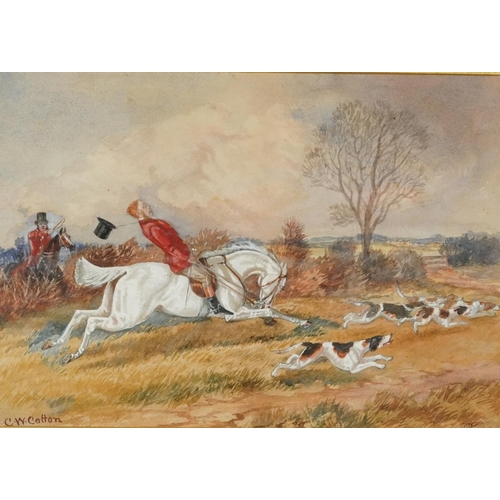 3551 - C. W. Cotton - Pair of hunting scenes, watercolours on paper, each framed and glazed, 38cm x 26cm