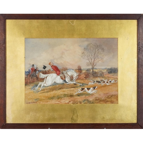 3551 - C. W. Cotton - Pair of hunting scenes, watercolours on paper, each framed and glazed, 38cm x 26cm