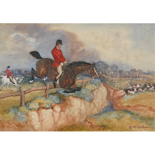 3551 - C. W. Cotton - Pair of hunting scenes, watercolours on paper, each framed and glazed, 38cm x 26cm