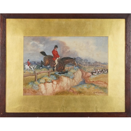 3551 - C. W. Cotton - Pair of hunting scenes, watercolours on paper, each framed and glazed, 38cm x 26cm