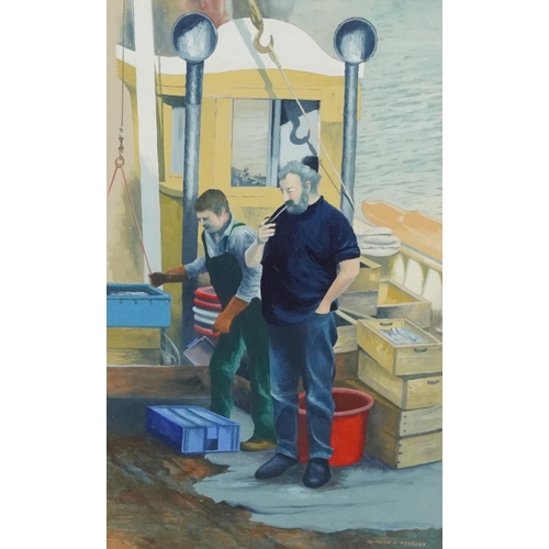 3613 - Richard H Pearson - Fishermen, 20th century acrylic on paper, framed and glazed, 30cm x 19cm