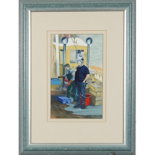 3613 - Richard H Pearson - Fishermen, 20th century acrylic on paper, framed and glazed, 30cm x 19cm