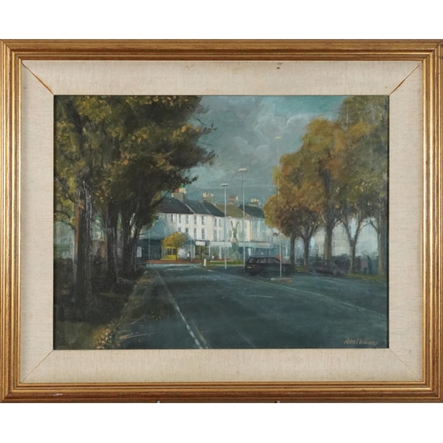 3620 - Robert Williams - Street scene, late 20th century oil on board, framed, 62cm x 46cm