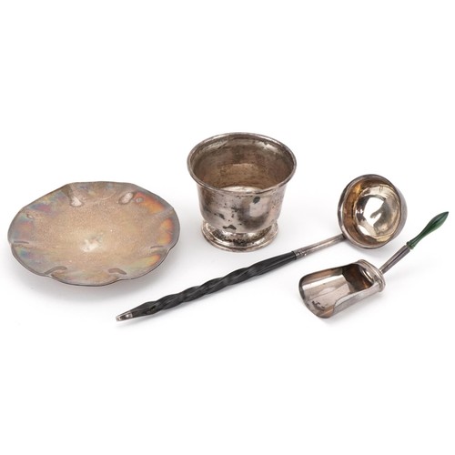 456 - Victorian and later silver including Arts & Crafts style circular dish, caddy spoon in the form of a... 