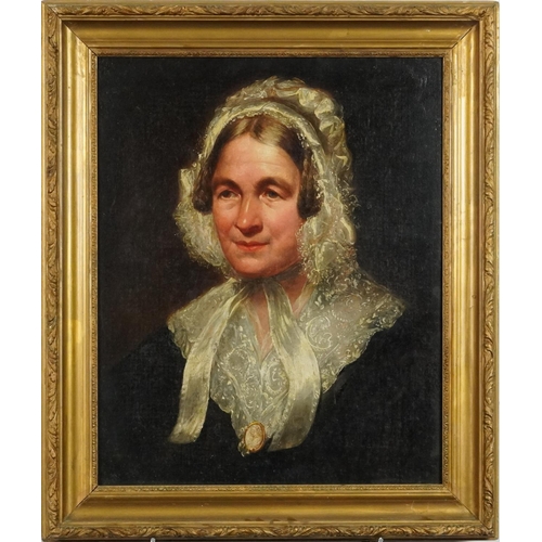 3492 - Portrait of a lady, 19th century oil on canvas, unsigned, relined, within a giltwood moulded frame, ... 