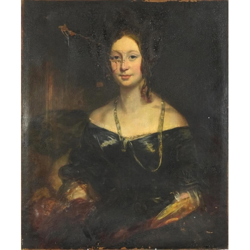 3605 - Three quarter length portrait of a lady, 19th century British school oil on canvas, unframed, 91cm x... 