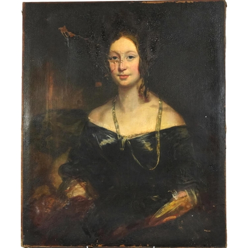 3605 - Three quarter length portrait of a lady, 19th century British school oil on canvas, unframed, 91cm x... 