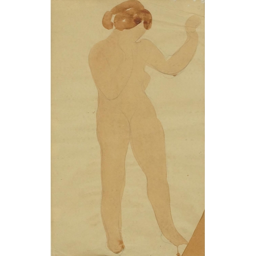  Attributed to Auguste Rodin (1840-1917) - Standing female nude, watercolour and pencil on paper, det... 