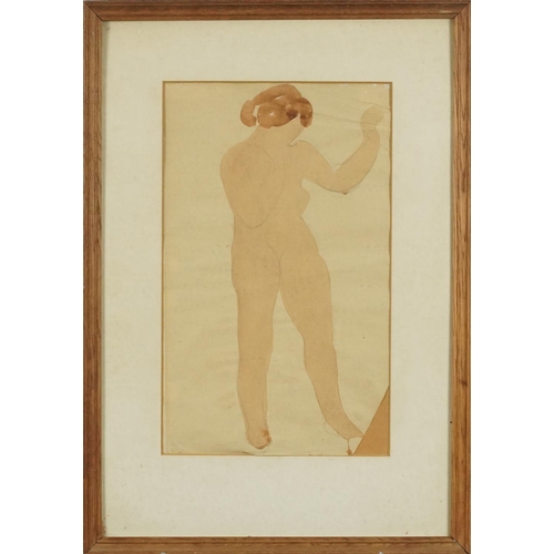 3537 - Attributed to Auguste Rodin (1840-1917) - Standing female nude, watercolour and pencil on paper, det... 