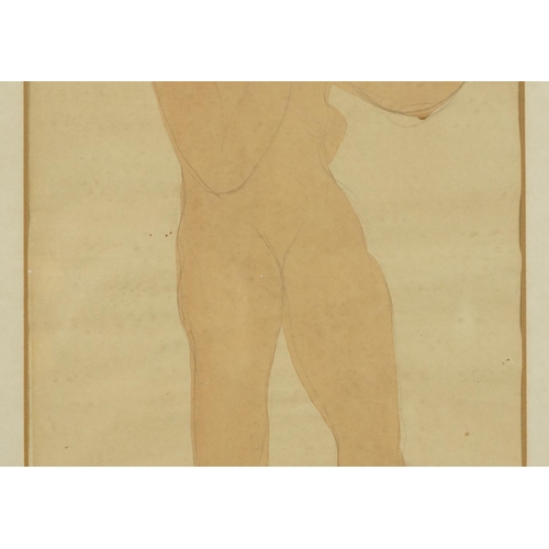  Attributed to Auguste Rodin (1840-1917) - Standing female nude, watercolour and pencil on paper, det... 