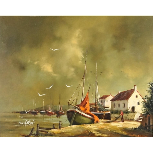 3495 - Gudrun Sibbons (1925-2020) - Harbour scene with figure, oil on canvas in giltwood and gesso moulded ... 