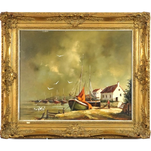 3495 - Gudrun Sibbons (1925-2020) - Harbour scene with figure, oil on canvas in giltwood and gesso moulded ... 