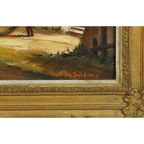 3495 - Gudrun Sibbons (1925-2020) - Harbour scene with figure, oil on canvas in giltwood and gesso moulded ... 