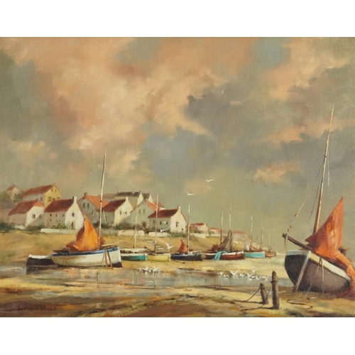 3494 - Gudrun Sibbons (1925-2020) - Harbour scene, oil on canvas, framed, 49cm x 39cm