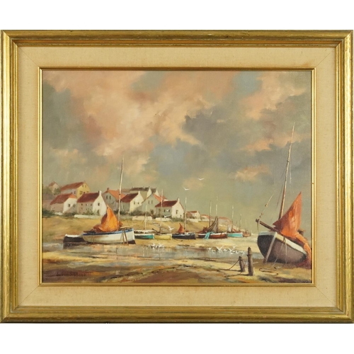 3494 - Gudrun Sibbons (1925-2020) - Harbour scene, oil on canvas, framed, 49cm x 39cm