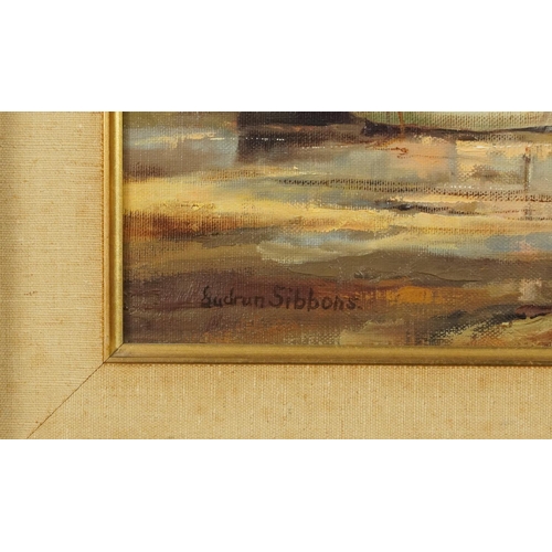 3494 - Gudrun Sibbons (1925-2020) - Harbour scene, oil on canvas, framed, 49cm x 39cm