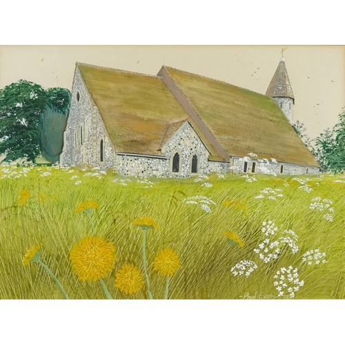 3518 - Paul Evans - Piddinghoe Church, East Sussex, gouache on paper, framed and glazed, 34cm x 25cm