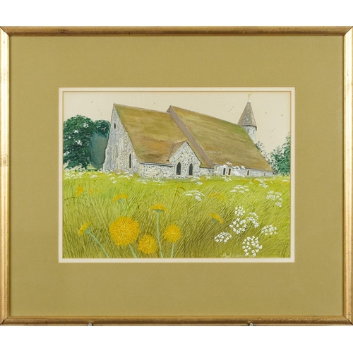 3518 - Paul Evans - Piddinghoe Church, East Sussex, gouache on paper, framed and glazed, 34cm x 25cm