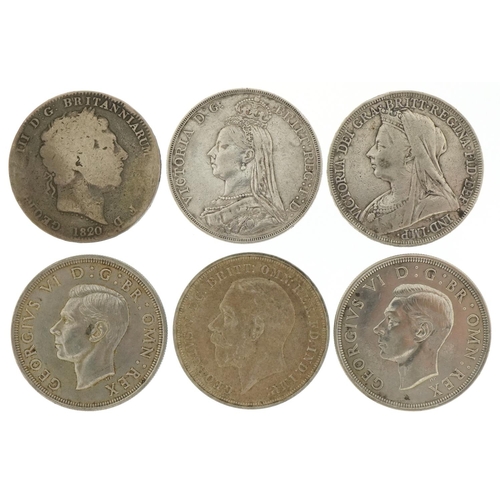 2154 - Six 19th century and later silver crowns comprising George III 1820, Victoria 1890 and 1896, George ... 