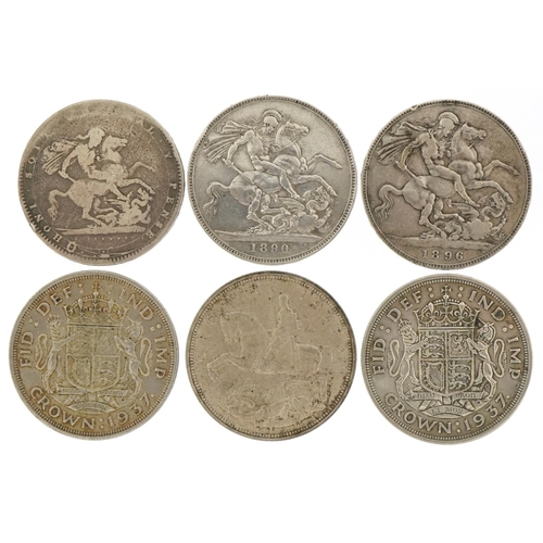 2154 - Six 19th century and later silver crowns comprising George III 1820, Victoria 1890 and 1896, George ... 