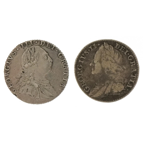 2152 - George II 1758 silver sixpence and George III 1787 silver sixpence